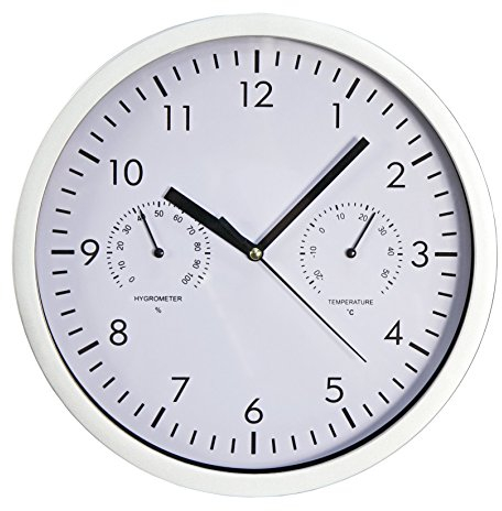 McPower Design Wanduhr modern Silber | mit Thermometer und Hygrometer | weißes Ziffernblatt, Temperaturanzeige und Luftfeuchtigkeit, Ø 25cm als Küchenuhr Bürouhr Wohnzimmer