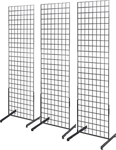 Only Hangers 2' x 6' Grid Wall Panel Floorstanding Display Fixture with Deluxe T-Style Base, Black or White. Three-Pack Combo. (BLACK)