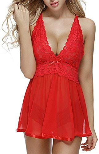 Charmnight Women Babydoll Sexy Lingerie Lace Sleepwear Nightwear Set (red-M)