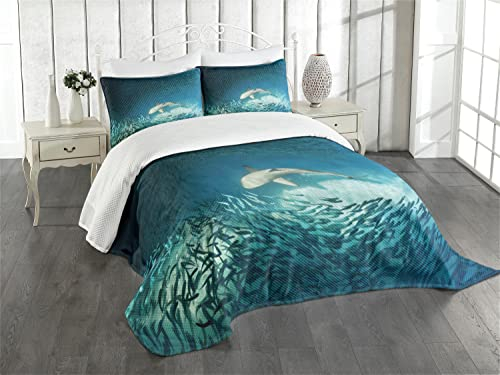 ABAKUHAUS Meerestiere Tagesdecke Set, Tiere Teal Wildlife, Set mit Kissenbezügen farbfester Digitaldruck, für Doppelbetten 220 x 220 cm,Beige Teal
