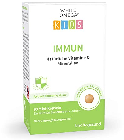 Vitamine für Kinder – für das Immunsystem – zuckerfrei – Omega-3, Vitamin C, D3+K2, Selen, Zink – 90 Mini-Kapseln (1 Monat)