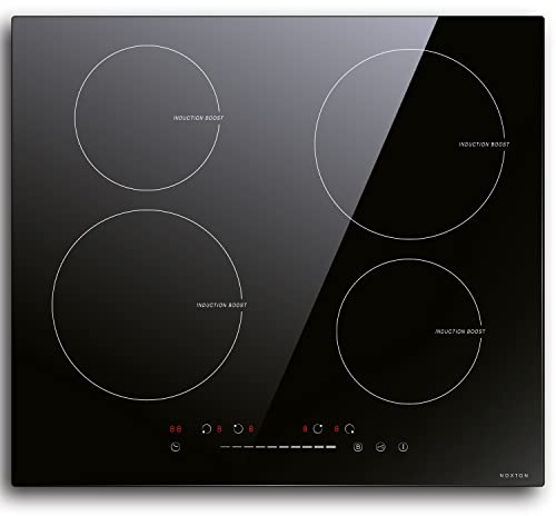NOXTON Plaque Induction 4 feux, Plaque de cuisson électriques intégrés Plaque de cuisson en verre noir 60 cm avec commande par capteur, Sécurité enfants, 220V-240V Classe A +