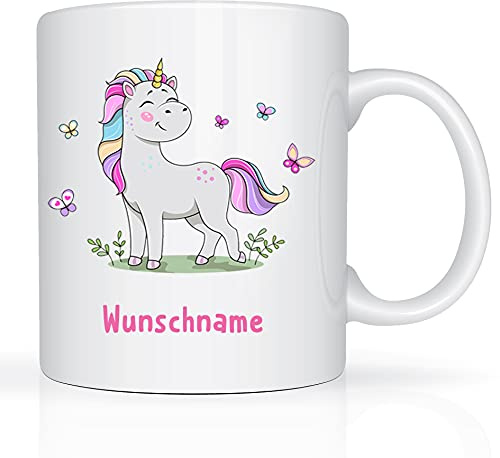 Tasse mit Namen und Einhorn Motiv Bedruckt Namentasse Namensbecher Einhorn mit Schmetterlingen für Mädchen Kindertasse Weiß Unicorn Geschenktasse Spruchtasse Keramik mit Druck Kinder Tasse 330ml
