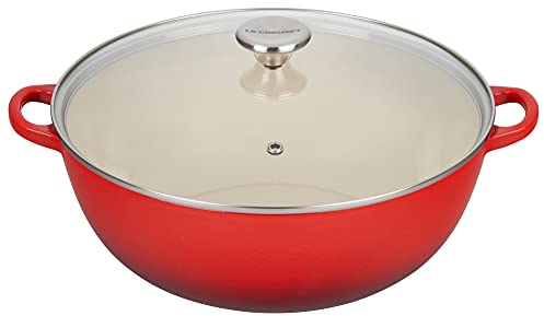 Le Creuset Horno de chef de hierro fundido esmaltado con tapa de vidrio, 7.5 cuartos de galón, color cereza
