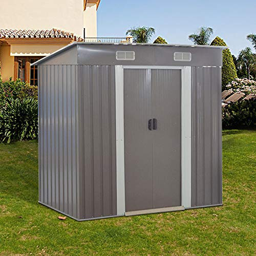 Panana 6 x 4 ft Corrugated Metal Garden Storage Shed w/Sliding Door Sloped Roof - Grey
