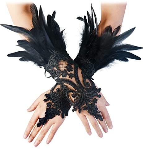 keland Gant a Plume Malefique Gants Dentelle Noire Deguisement Halloween Femme, 1 Paire (Noir-01)