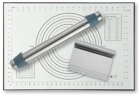 Adjustable Stainless Steel Rolling Pin, Non-Stick Rolling Pin Set with Silicone Thickness Guide Rings, Silicone Baking Pastry Mat and Dough Pastry Bench Cutter Scraper Set, 42cm