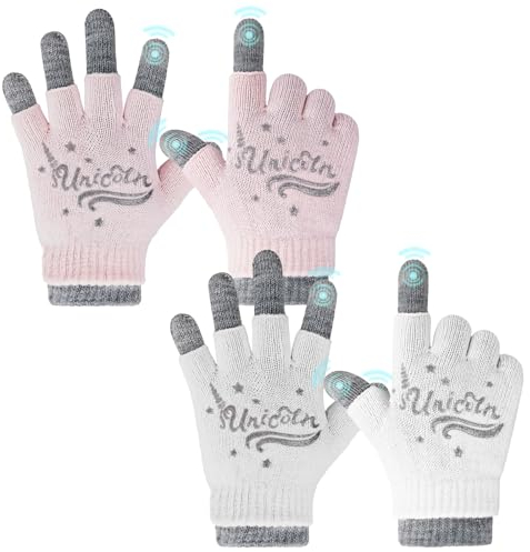 Migliore Wear 2 Paar Winter Kinder Handschuhe, 3 in 1 Touchscreen Kinder Strickhandschuhe, Warme Zauberhandschuhe für Jungen Mädchen, Vollfinger & Halbfinger Stretch Handschuhe für 4-14 Jahre