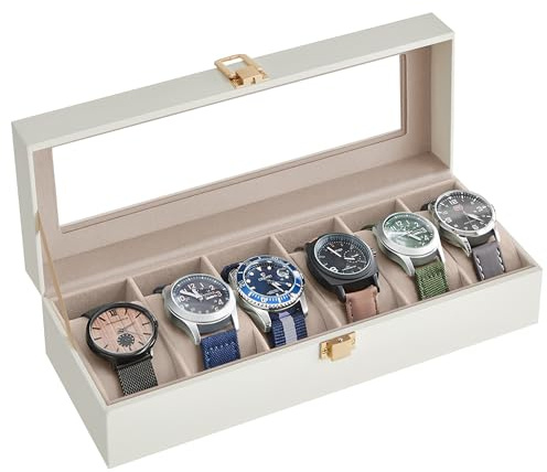 SONGMICS Watch Box with 6 Slots, Watch Case with Glass Lid, Watch Display Box with Removable Watch Pillows, Metal Clasp, Gift Idea, Cloud White Synthetic Leather, Cappuccino Beige Lining JWB006W01
