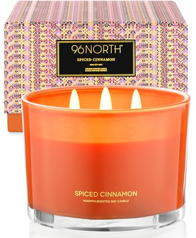 96NORTH Luxury Spiced Cinnamon Candle | Large 3 Wick Jar Candle | Up to 40 Hours Burning Time | 100% Natural Soy Wax | Relaxing Aromatherapy Aesthetic Candles | Housewarming Gift for Men and Women