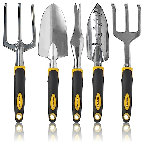 BLOSTM Juego de Herramientas Jardineria - Kit Jardineria de 5 Piezas Resistentes, Paleta y Tenedor, Herramienta de Desbrozador, Paleta de Trasplantador, Rastrillo de Mano Juego de Regalos Jardineria