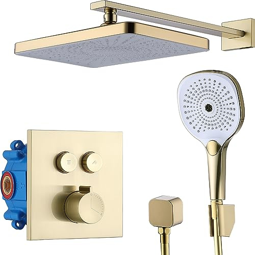 DIKUROOMS Rainfall Shower Faucet System, Wall Mount High Pressure Rain Shower Heads and Handheld Spray, Push Button Diverter Bathroom Shower Mixer Combo Set, Brass Rough-in Valve, Brushed Gold