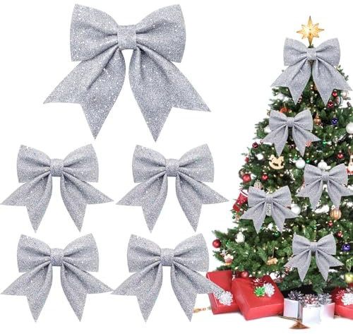 Shining She 1+4 Stück Silber Schleifen Weihnachten Weihnachtsbaum Schleifen Glitzer Weihnachtsbaumschmuck für Familienfeiern Party Dekoration für Weihnachten Urlaub Hochzeit Feierlichkeiten （2Size）