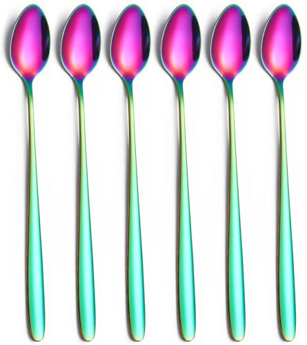 6 Stück 19.8 cm Lang Eislöffel Edelstahl, Löffel mit Langem Stiel, Lange Kaffeelöffel Teelöffel Dessertlöffel, Longdrinklöffel für Latte Macchiato Sundae (Regenbogenfarbe)