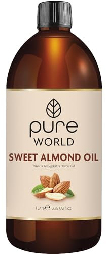 Pure World Natural Sweet Almond Oil 1000ML, 1 Litre, 100% Pure and Natural, Undiluted. Premium Quality Almond oil – Skin, Nails, Body and Face, Edible Vegan.