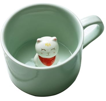 soulnioi Cute Green Mug 3D Animal Ceramic Coffee Tea Cup with Handle, Handmade Animal Figurine 230ml Ceramics Cup for Coffee,Tea,Milk, Gift for Birthdays/Graduation/Valentines/Weddings (Lucky Cat)