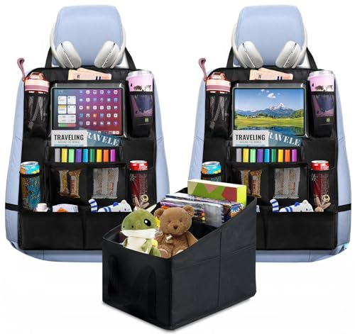 3er Rückenlehnenschutz Organizer, 2 Stück Autositz Organizer für Kinder, 1Autositz Organizer, Wasserdicht Oxford Autositz Organizer Tablet Fach, zur Aufbewahrung von Spielzeug Snacks Bechern