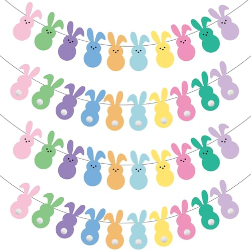 JarThenaAMCS 4 Pcs Easter Paper Banner Colorful Bunny Pre-Assembled Garland Double-Sided Rabbit Bunting Garland for Spring Party Home Mantel Office Classroom Outdoor Indoor Hanging Decoration