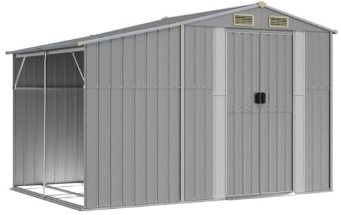 vidaXL - Galvanized Steel Grey Garden Shed, Multifunctional Outdoor Storage House with Firewood Stand, Easy Access with Ventilated Design, Ample Space for Tools and Equipment