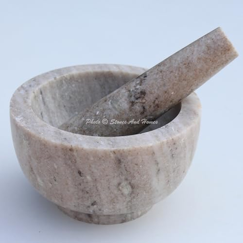 Stones And Homes Juego de mortero y mortero marrón indio, cuenco grande, mármol, hierbas, especias, piedra molcajete de piedra para el hogar y la cocina, 13 x 7 cm