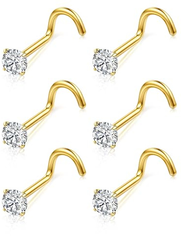 Chriscoco 6 stycken titan näspiercing, G23, näspiercing, skruvar, L-form, näsborrning, 3 mm, kubisk zirkonia, CZ-piercing, kroppssmycken, näspiercing, guld, silver, näsborrning, 18G, 20 G