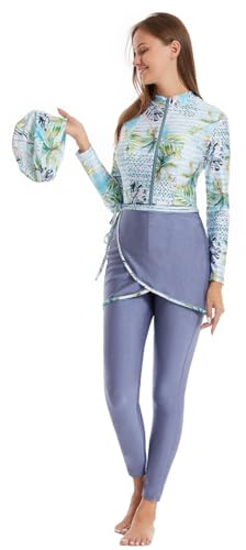 Costume da bagno da donna musulmano a maniche lunghe, burkini, copertura completa, rash guard, set da 3 pezzi, Grigio + verde, 3 pezzi, L