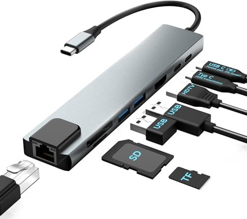 Moman Base de Carga, USB C Hub 8 en 1 con 100 W PD, 4K @ 30 Hz HDMI, 5 Gbps USB 3.0, USB 2.0, USB C, RJ45 Ethernet, Lector de Tarjetas SD/TF para ratón, Teclado, Disco U, Unidad Flash, móvil