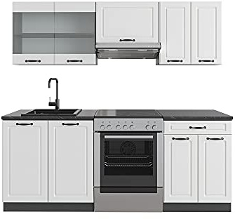 Vicco Küchenzeile R-Line, Weiß Landhaus/Anthrazit, 200 cm | 5 Module · Höhenverstellbare Füße · AP Anthrazit inkl. · MDF-Fronten · Mit Glasschrank · Frei kombinierbar