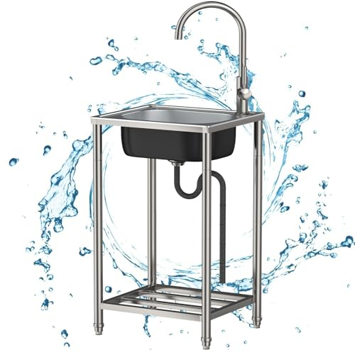 Freistehende Edelstahl Spultisch 1 Becken Outdoor Camping Waschbecken Mobiles Gewerbliche Einzelspüle Ausgussbecken Mit 360° Wasserhahn Spulbecken,Einfach Zu Montieren