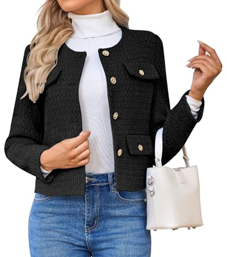 HUEOBIR Damen Tweed-Blazer, Jacken, lässig, langärmelig, Knopfleiste, Business, kurz, lässig, bauchfrei, Schwarz, XL