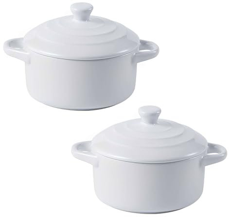 Set of 2 Mini Ceramic Casserole Pots with Lids, Oven-Safe Small Soup Pots, Perfect for Soups, Stews, and Side Dishes(White)