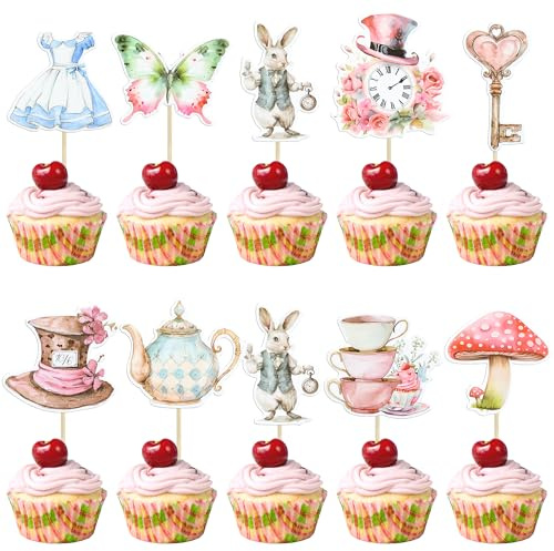 Gyufise 36Pcs Wonderland Theme Cupcake Toppers Key Rabbit Butterfly Alice Girl Cupcake Picks Mad Hatter Flower Tea Party Decorations for Baby Shower Birthday Party Cake Decorations