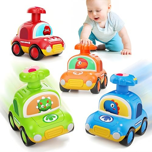 MOONTOY Billeksaker från 1 år, 4 stycken dinosaurie Press and Go leksaksbilar för småbarn från 1 2 3 år, baby bil racerbil barnleksak gåva för barn pojkar flickor 12 18 månader