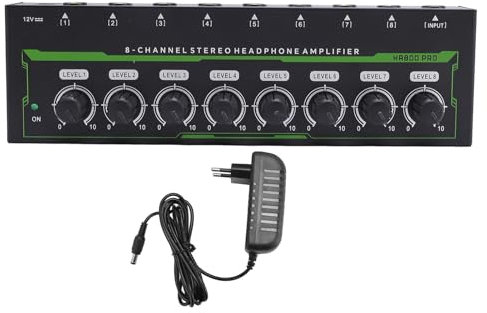 Fafeicy Amplificateur de Casque 8 Canaux Amplificateur Audio Stéréo en Métal Amplificateur D'écouteur à Lumière RVB avec Contrôle de Volume Indépendant pour Studio et Scène (Prise UE)