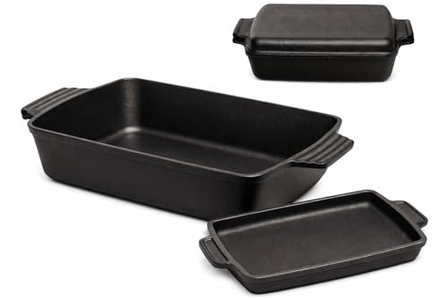 Horno holandés de hierro fundido con tapa de sartén, 2 en 1, cacerola precazonada, sartén rectangular para hornear + tapa de sartén (6 cuartos de galón)