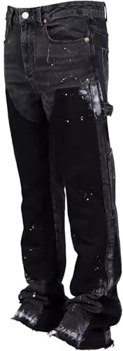 SWJGLITTR Herren Jeans Stacked Flared Jeans Y2K Streetwear Lockere Passform Denim Hose Stacked Flared Hip Hop Jeans, Schwarz, Mittel