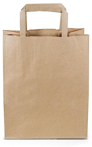 Commerline 50 Stück Braun Papiertüten mit Henkel, 22+10x28 cm, Geschenktüten für Verpackungen und Geburtstag, Papiertaschen Groß für Einkaufen, Tüten aus Kraftpapier
