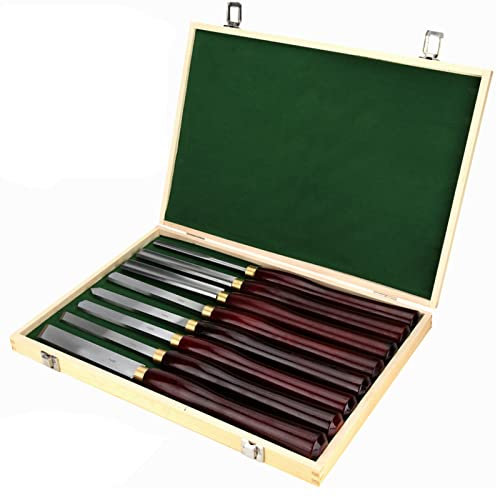 Juego de 8 cinceles para torno de madera, herramientas de torneado de madera de carburo, juego de cinceles para torno de carpintería, hojas de acero HSS para cortar y tallar y mango de madera de cal