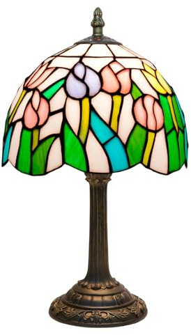 NUODITOS Tiffany Pink Orange Tulips Glass Table Lamp Handmade Bedside Table Night Unique Cute Accent Nightstand Light Antique Art Craft Gifts Lamp for Home Office Dormitory Bar Decorate