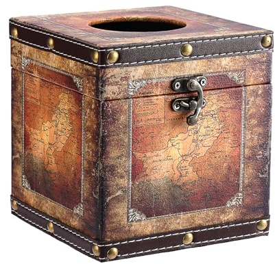 Kokone Ästhetische Taschentuchbox aus Holz mit PU-Leder-Oberfläche, antiker dekorativer Würfel-Tücherbox-Halter, quadratischer Vintage-Arbeitsplatten-Tücherhalter für Schlafzimmer, Badezimmer, Büro