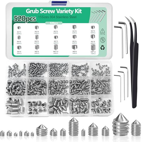 Nivithi 520pcs Grub Screws Assorted Set,M3 M4 M5 M6 M8 Cone Point Small Stainless Steel Screws,Grub Screw Kit for Door Handles,Fixtures,Repair,Assortment Box,GS1