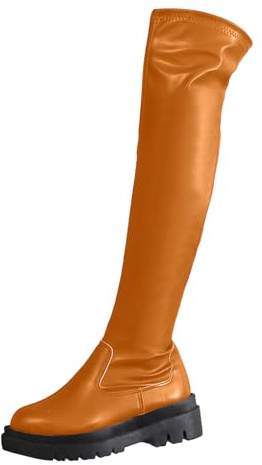Boots Mujer Botas altas por la rodilla Botas de mujer de cuero con suela gruesa y punta redonda, moda e informal, color sólido, caña alta, botas elásticas sobre la rodilla Botines para mujer con tacón
