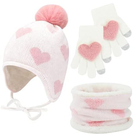 Conjunto de gorro, bufanda y guantes de invierno para bebés y niños pequeños Conjunto de gorro, bufanda y guantes Gorro térmico con pompón y corazón para bebés, cálido y suave de 0 a 4 años (Beige)