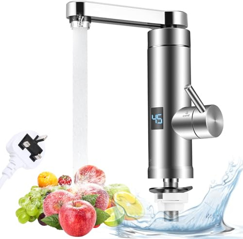 Hot Water Tap 220V 3KW, Electric Water Tap Kitchen/Bathroom Sink Faucet, 120° Rotatable Instant Hot Water Faucet Tankless with LED Digital Display 30-45℃, Energy Saving & Safe Protection