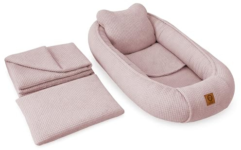 Babynestchen Neugeborene – 5-teiliges Baby Set mit Babynest aus Waffelpique Baumwolle – Nestchen Baby für Babybett & Kinderbett – Babykokon Tragbar – OEKO-TEX zertifiziert – Zubehör Babybett - Pink