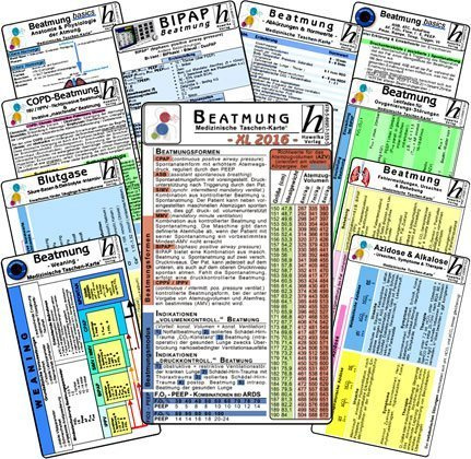 Beatmungs-Karten-Set XL 2016: Bestehend aus Beatmung - Grundlagen, Einstellungen u. Normwerte; Weaning; Fehlermeldungen und Ursachen; Abkürzungen; Blutgase; Azidose u. Alkalose; BIPAP, Anatomie u. Physiologie; Oxygenierungs-Störungen; COPD