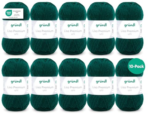 Gründl Laine Lisa Premium uni - Fil pour tricoter - Fil à tricoter - Fil à crocheter - Doux et agréable pour la peau - 100% polyacrylique 10 pelotes 50 g / 133 m - Taille d’aiguille 3,5-4,5 - Vert