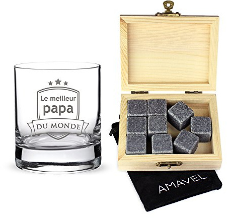 AMAVEL - Set : verre et pierres à whisky dans noble boîte en bois - Le meilleur papa du monde - 9 pierres rafraîchissantes, insipides et réutilisables - Cadeau d'anniversaire pour papa - Standard