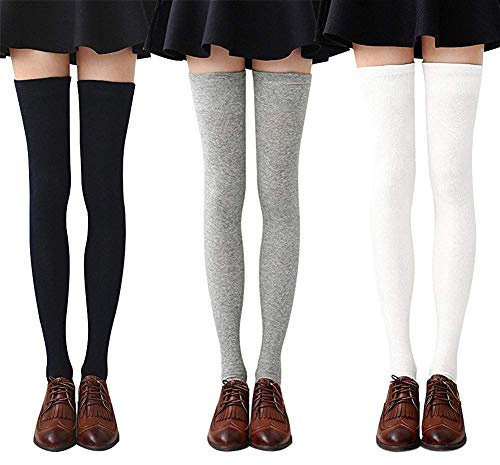 DRESHOW 3 Pares Calcetines Hasta la Rodilla para Mujer, Raya Escuela de Cosplay Casual Sobre la Rodilla Medias Hasta el Muslo Calcetines Largos