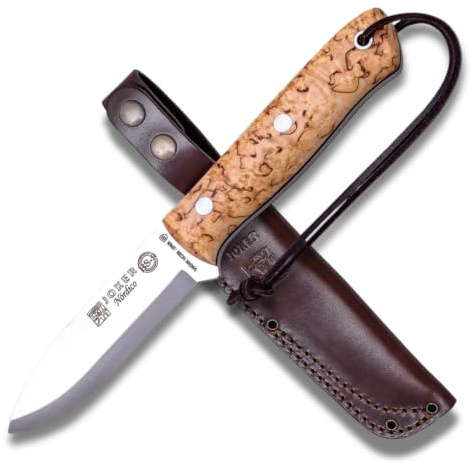 Joker Cuchillo deportivo Nórdico CL115, mango Abedul Rizado y hoja de 10 cm, funda piel marrón, acero Sandvik 14c28, Herramienta de pesca, caza, camping y senderismo